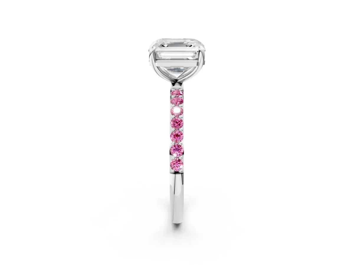 Asscher Cut Diamond Solitaire Ring with Round Pink Sapphire Pavé Band and Prong Setting White gold