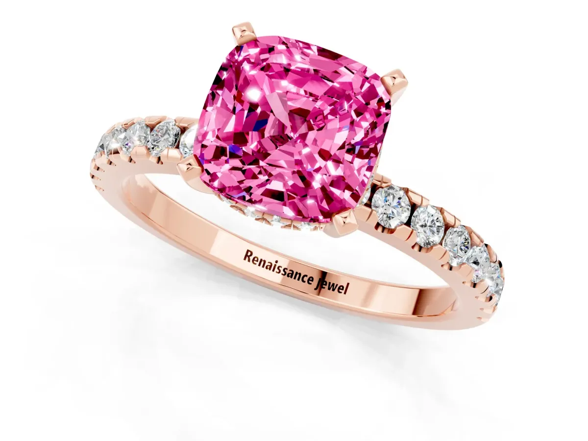 Cushion Cut Pink Sapphire Solitaire Ring with Round Pavé Band and Four-Prong Setting Rose gold