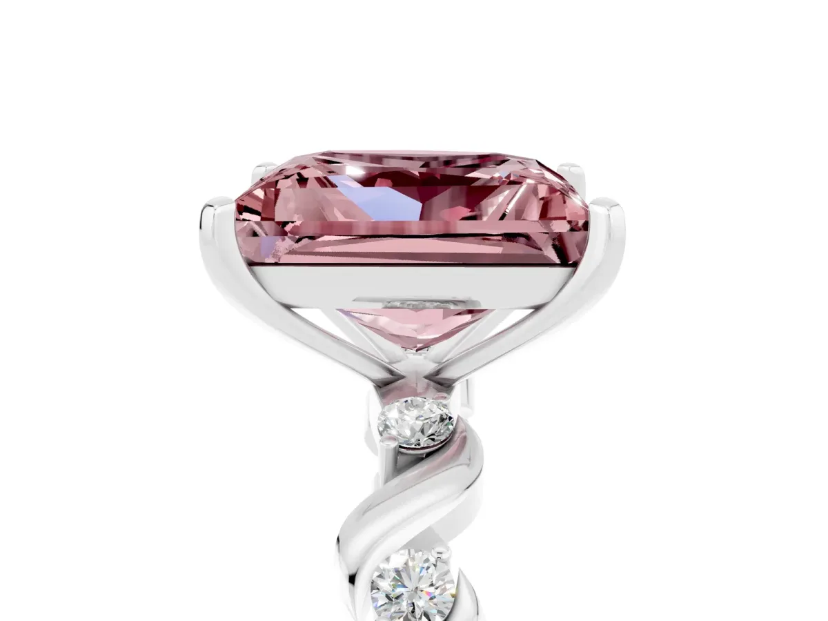Princess Cut Morganite Solitaire Twisted Band with Round Accents and Prong Setting White gold