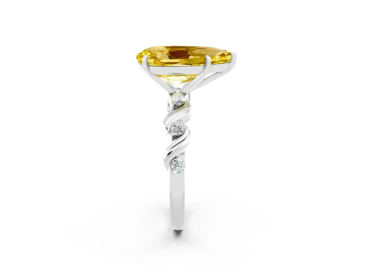 Pear Cut Yellow Sapphire Solitaire Twisted Band with Round Accents and Prong Setting White gold