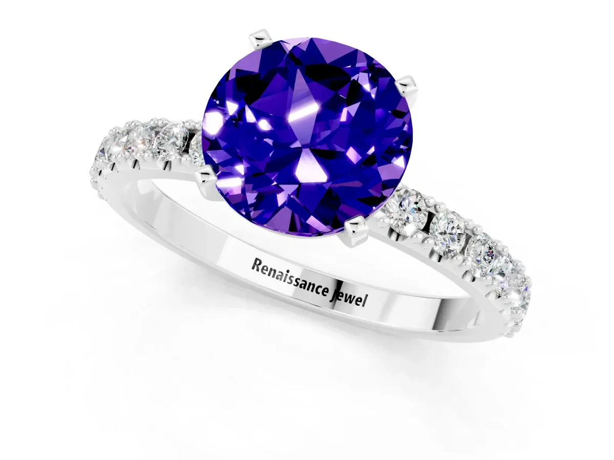 Round Cut Tanzanite Solitaire Pavé Band with Four-Prong Setting Platinum