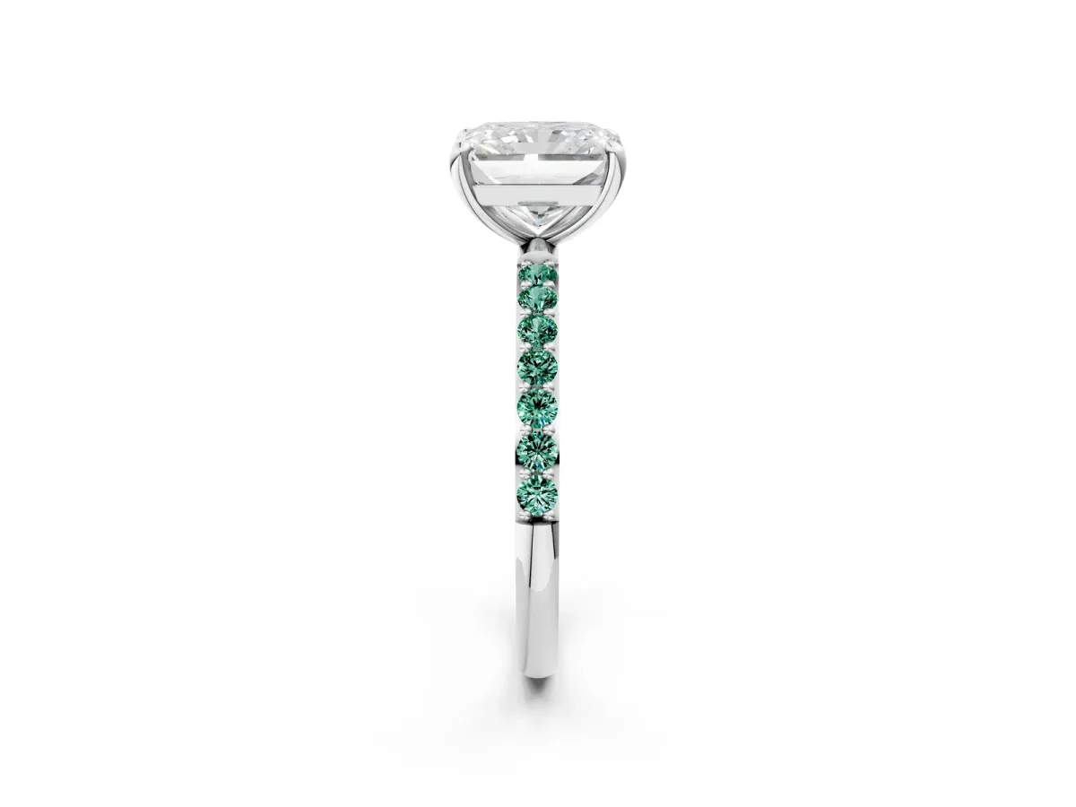 Radiant Cut Diamond Solitaire Ring with Round Green Sapphire Pavé Band and Prong Setting White gold