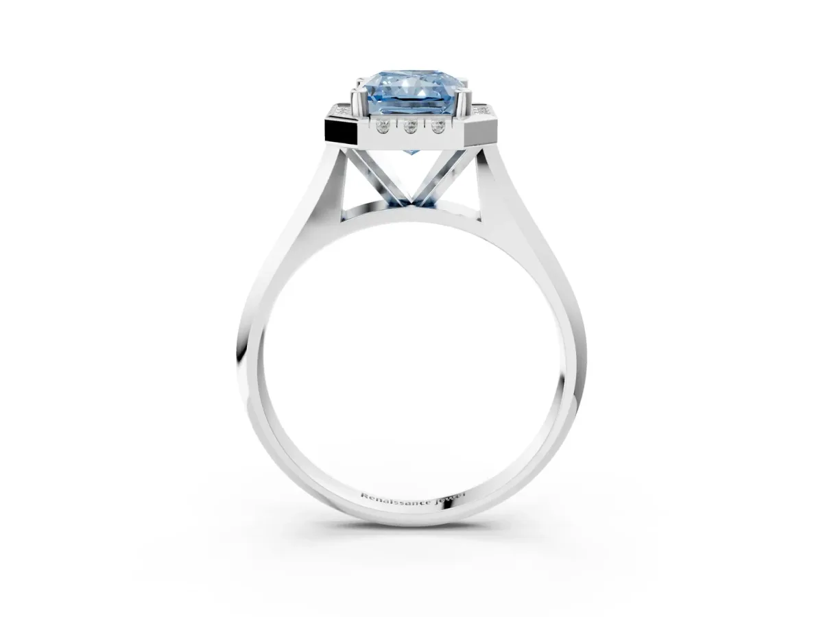 Fancy Blue Radiant Cut Cut Halo Solitaire Engagement Ring with Square Band and Four-Prong Setting White gold