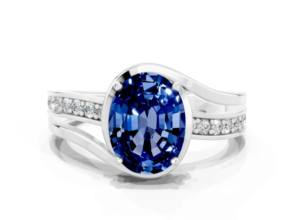 Oval Cut Blue Sapphire Solitaire Ring with Split Shank and Prong Setting White gold