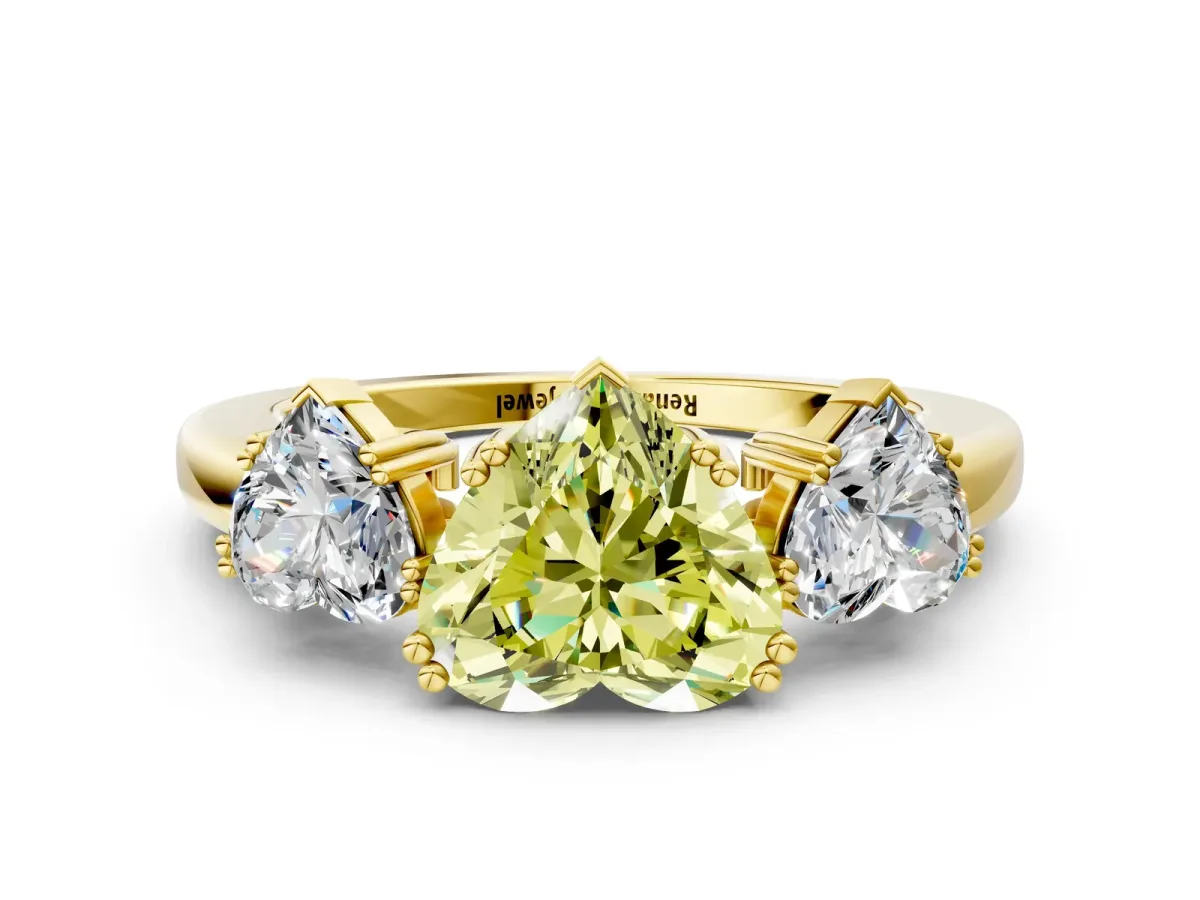 Fancy Yellow Three-Stone Heart Cut Cut Diamond Ring with Channel Set Band and Four-Prong Setting Yellow gold