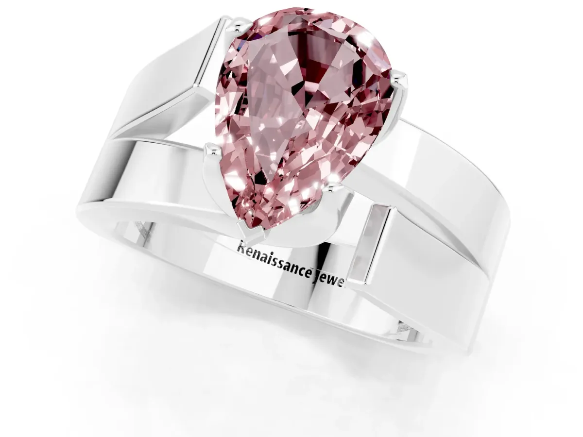 Modern Tension Set Pear Cut Morganite Solitaire Wide Band Ring Silver