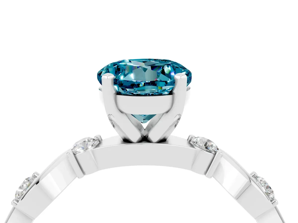 Round Cut Blue Topaz Solitaire Twisted Band with Round Accents and Prong Setting White gold
