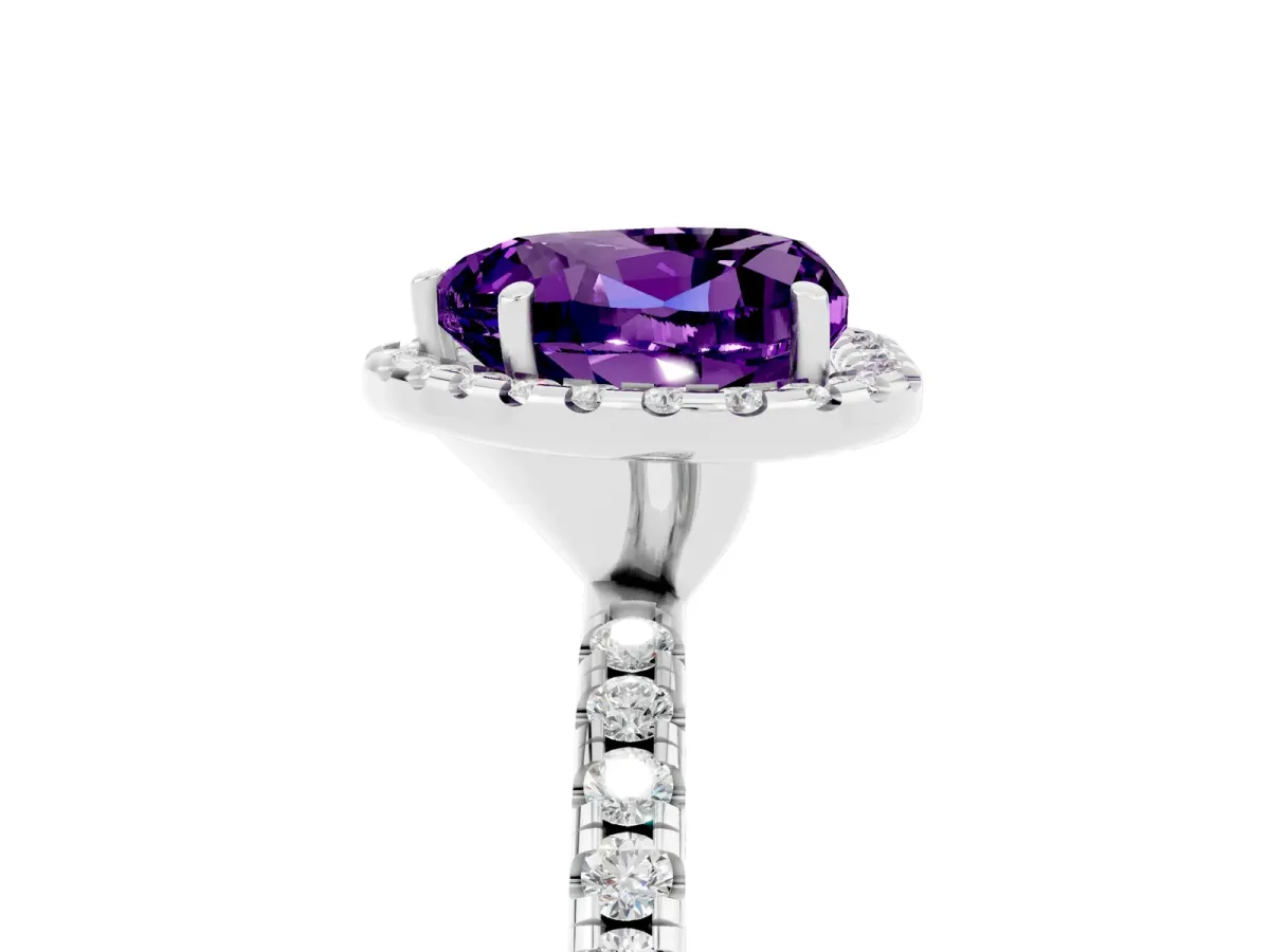 Heart Cut Amethyst Halo Engagement Ring with Round Pavé Band and Prong Setting Platinum