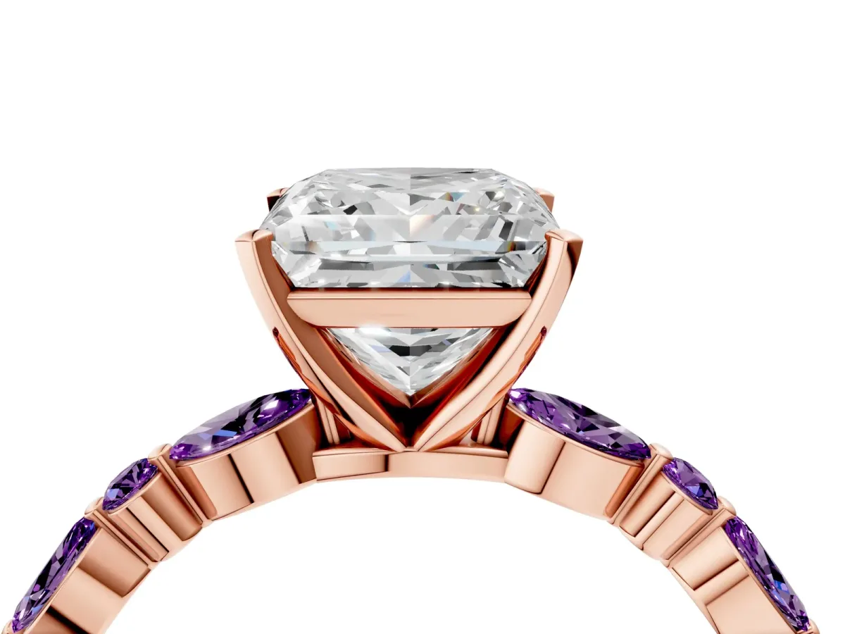 Princess Cut Diamond Ring with Marquise and Round Amethyst Side Stones and Four-Prong Setting Rose gold