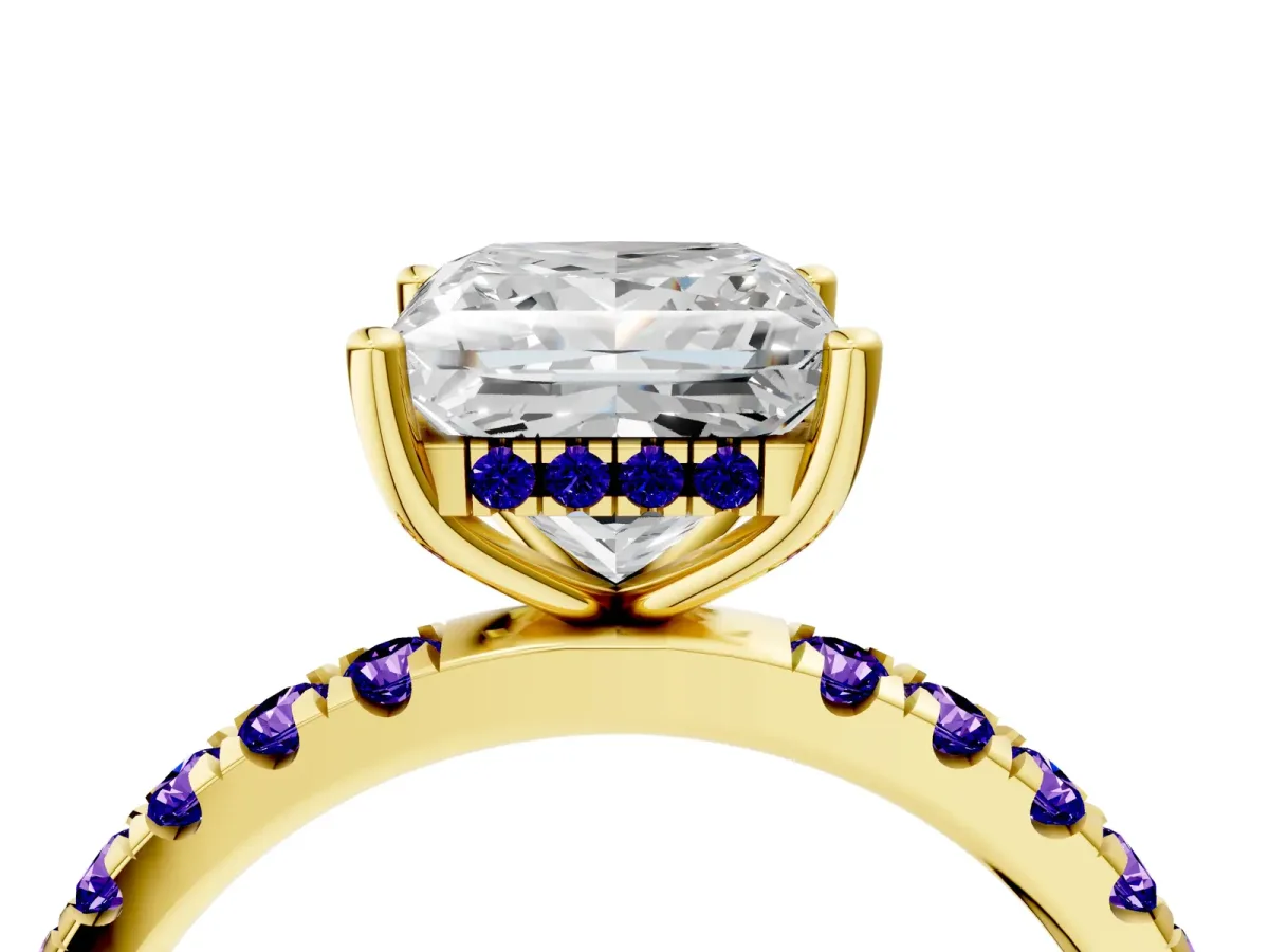 Princess Cut Diamond Pave Band Solitaire Ring with Round Tanzanite and Prong Setting Yellow gold