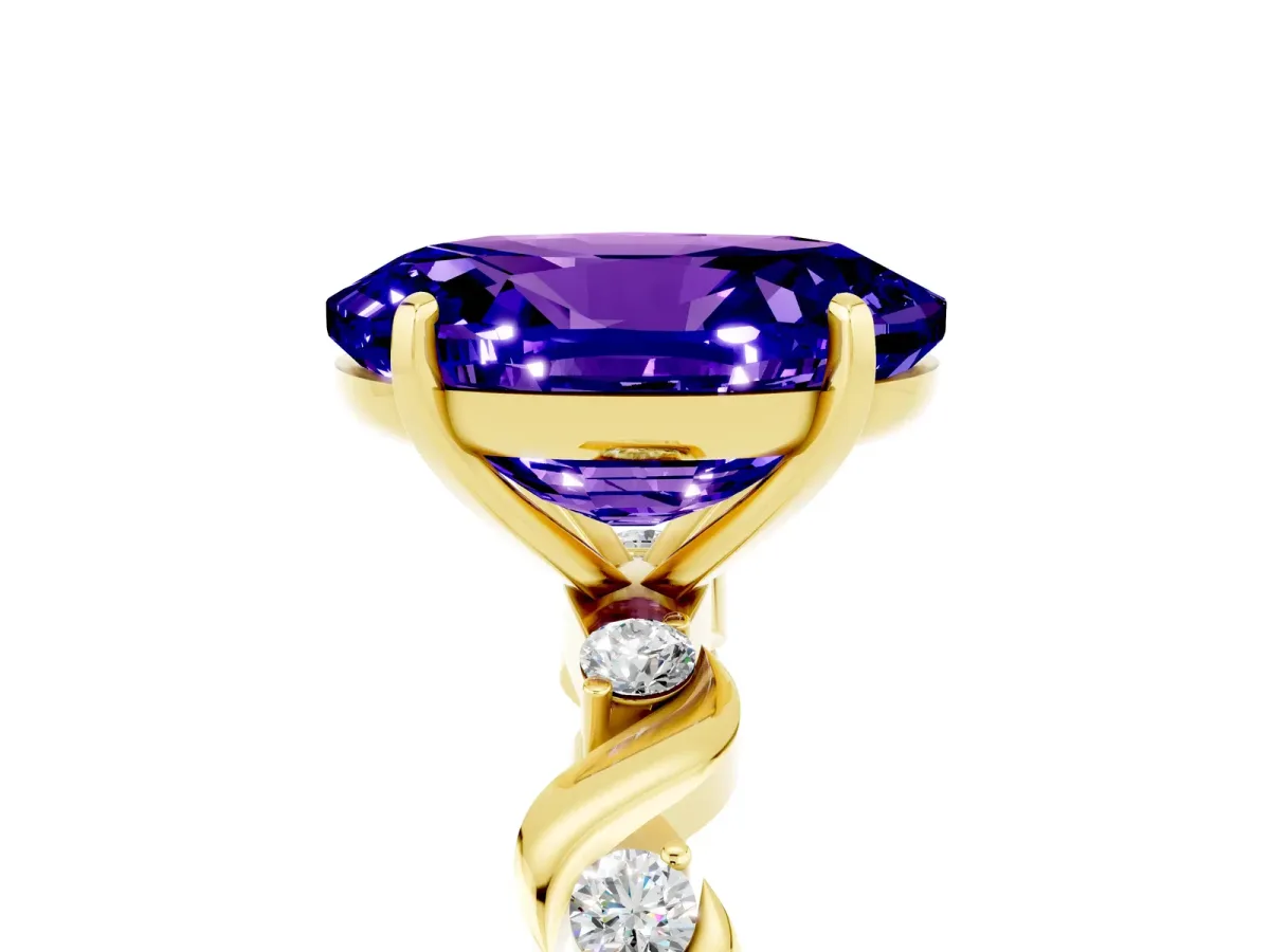 Oval Cut Tanzanite Solitaire Twisted Band with Round Accents and Prong Setting Yellow gold