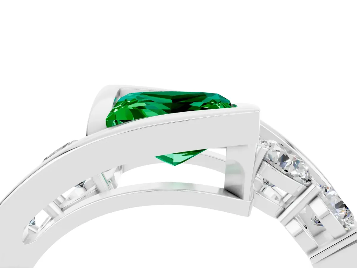 Bezel Set Princess Cut Emerald Bypass Ring with Round Accents Silver