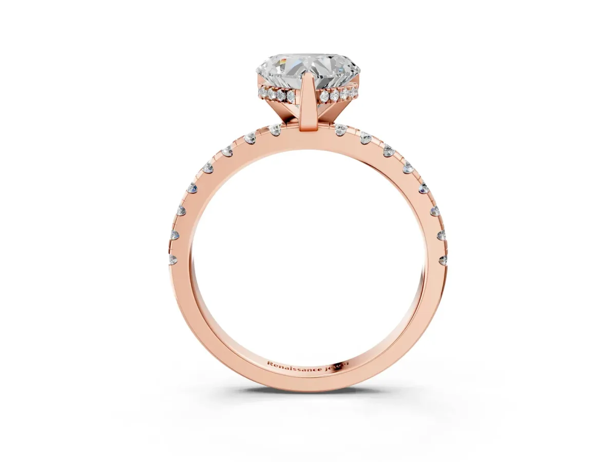 Heart Cut Diamond Solitaire Ring with Round Moissanite Pavé Band and Four-Prong Setting Rose gold