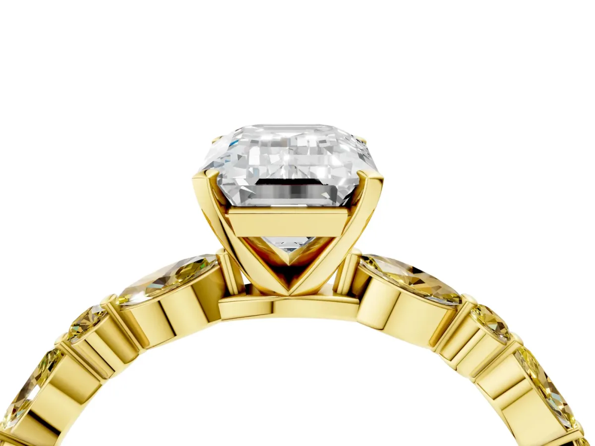 Emerald Cut Diamond Ring with Marquise and Round Yellow Sapphire Side Stones and Four-Prong Setting Yellow gold