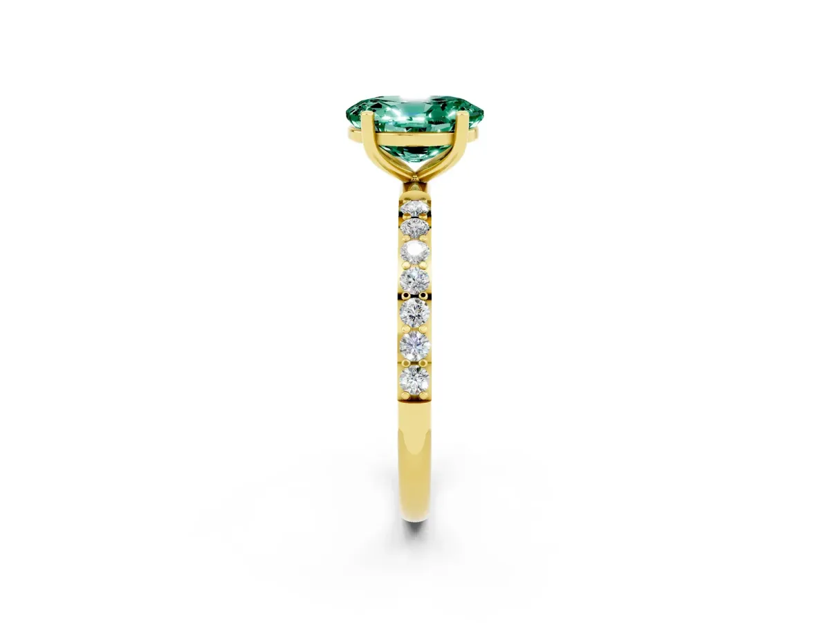 Oval Cut Green Sapphire Solitaire Ring with Round Pavé Band and Prong Setting Yellow gold