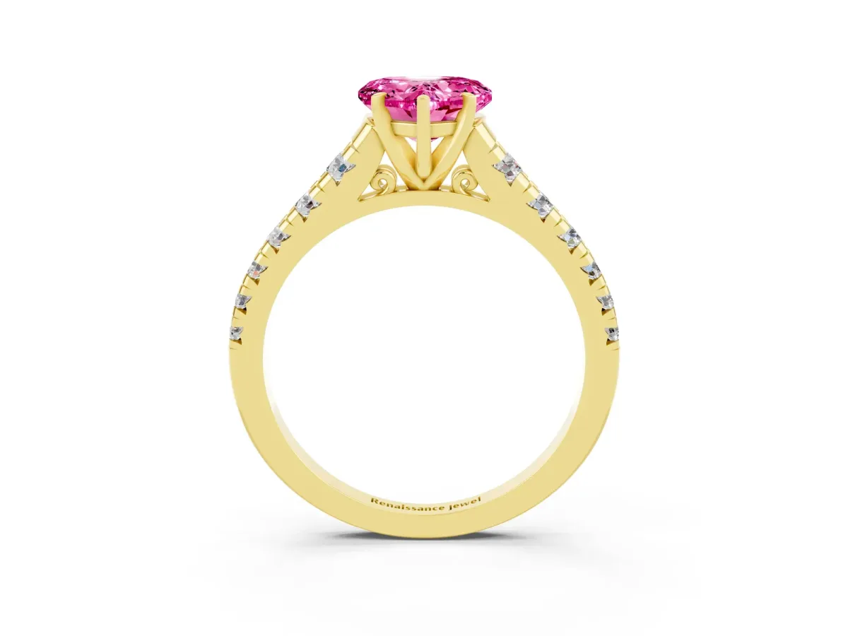 Heart Cut Pink Sapphire Cathedral Solitaire Ring with Round Pavé Band Yellow gold