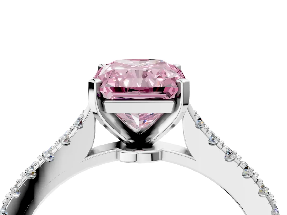 Fancy Pink Radiant Cut Cut Solitaire Diamond Engagement Ring with Pave Band and Four-Prong Setting White gold