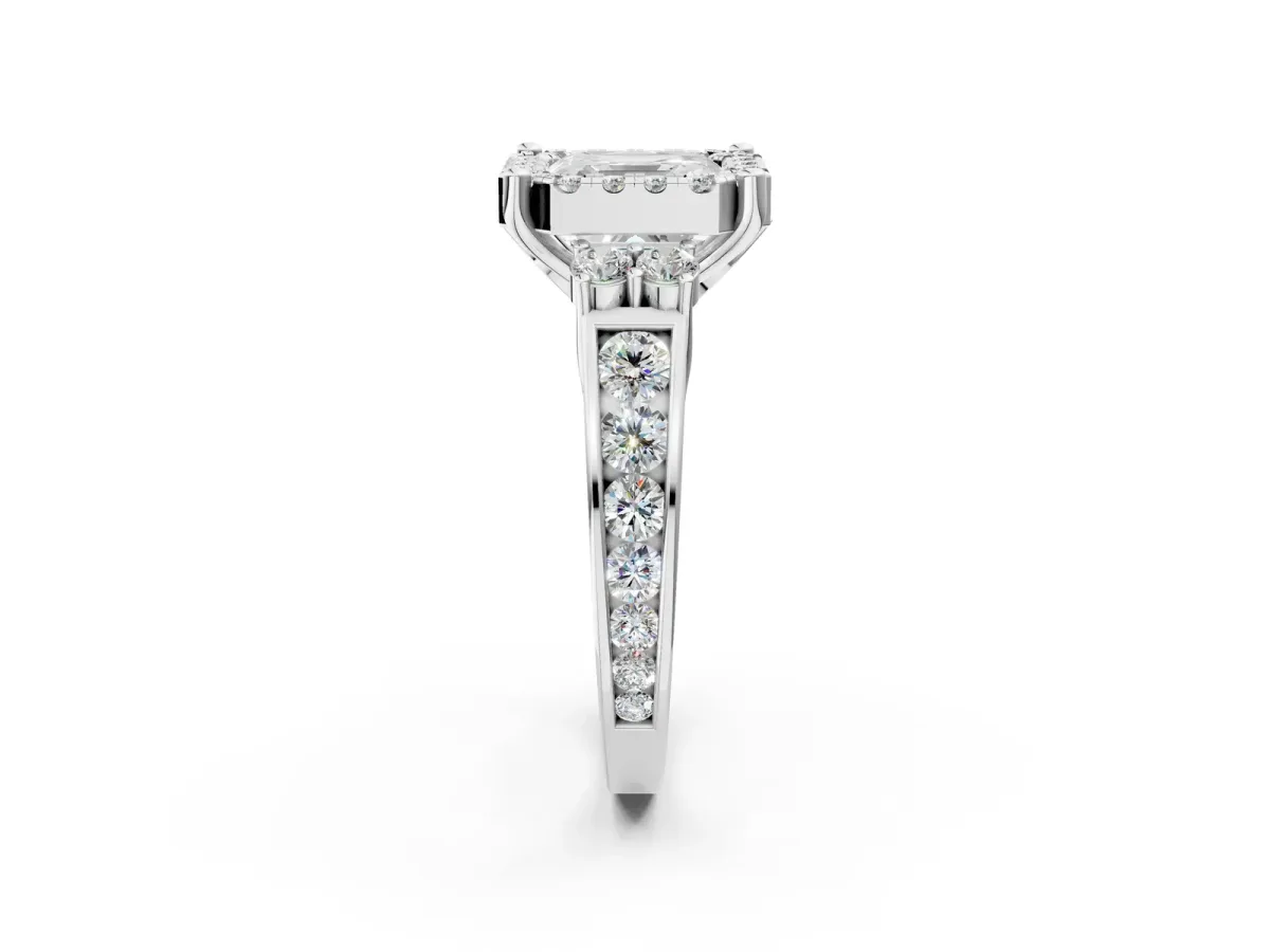 Asscher Cut Halo Diamond Engagement Ring with Split Shank and Four-Prong Setting Platinum