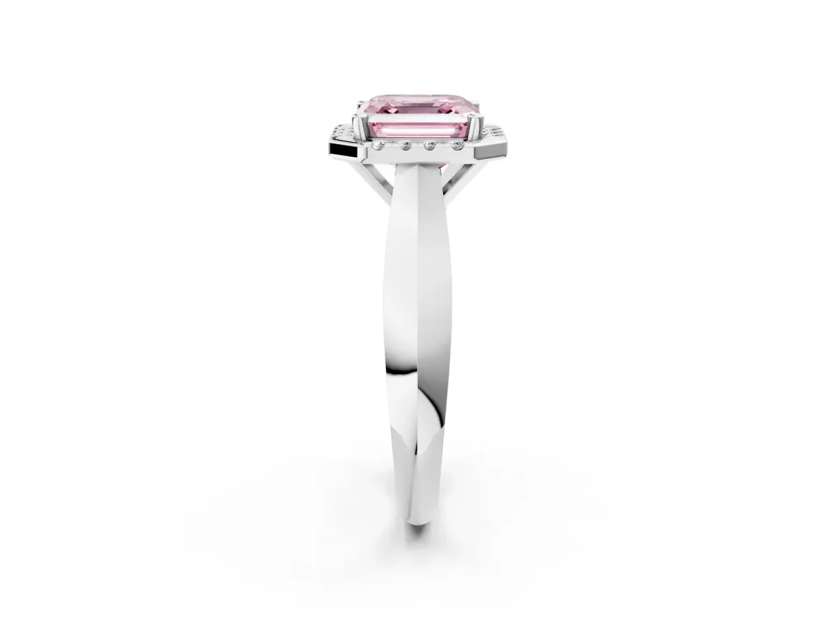 Fancy Pink Asscher Cut Cut Halo Solitaire Engagement Ring with Square Band and Four-Prong Setting White gold
