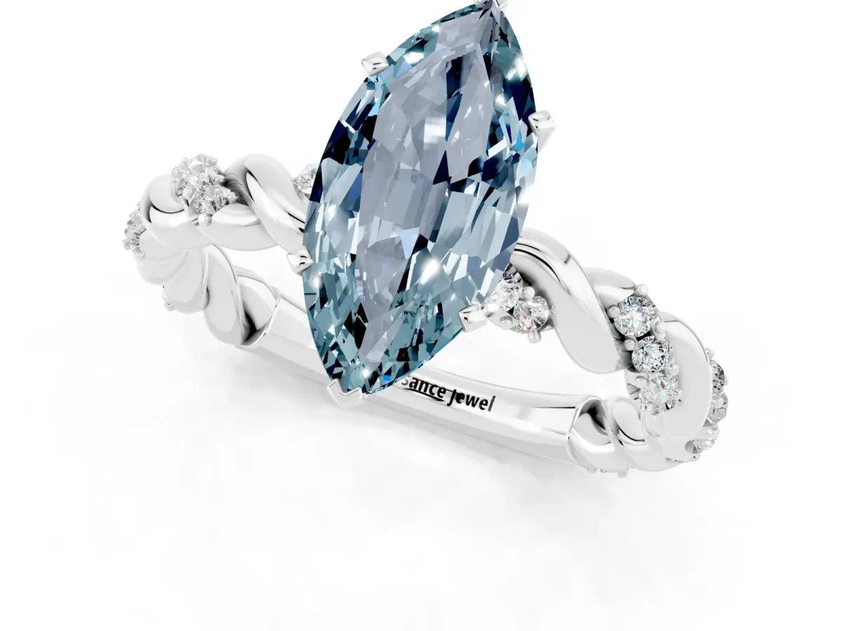 Marquise Cut Aquamarine Solitaire Ring with Twisted Band and Pavé Accents Platinum