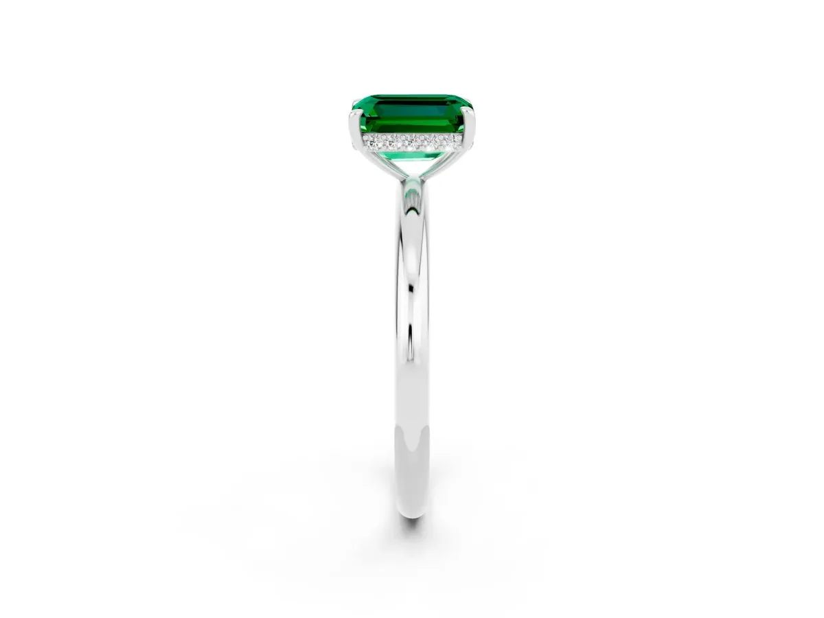 Emerald Cut Emerald Solitaire Ring with Thin Band and Four-Prong Setting White gold