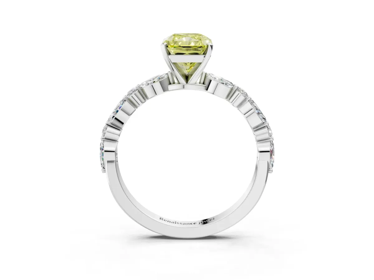 Fancy Yellow Radiant Cut Diamond Ring with Marquise and Round Side Stones and Four-Prong Setting White gold