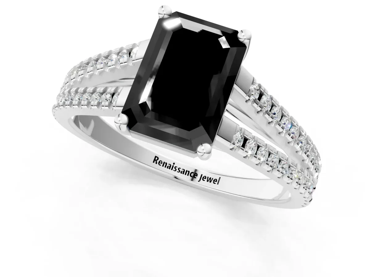 Fancy Black Emerald Cut Diamond Solitaire Engagement Ring with Split Shank Pavé Band Silver