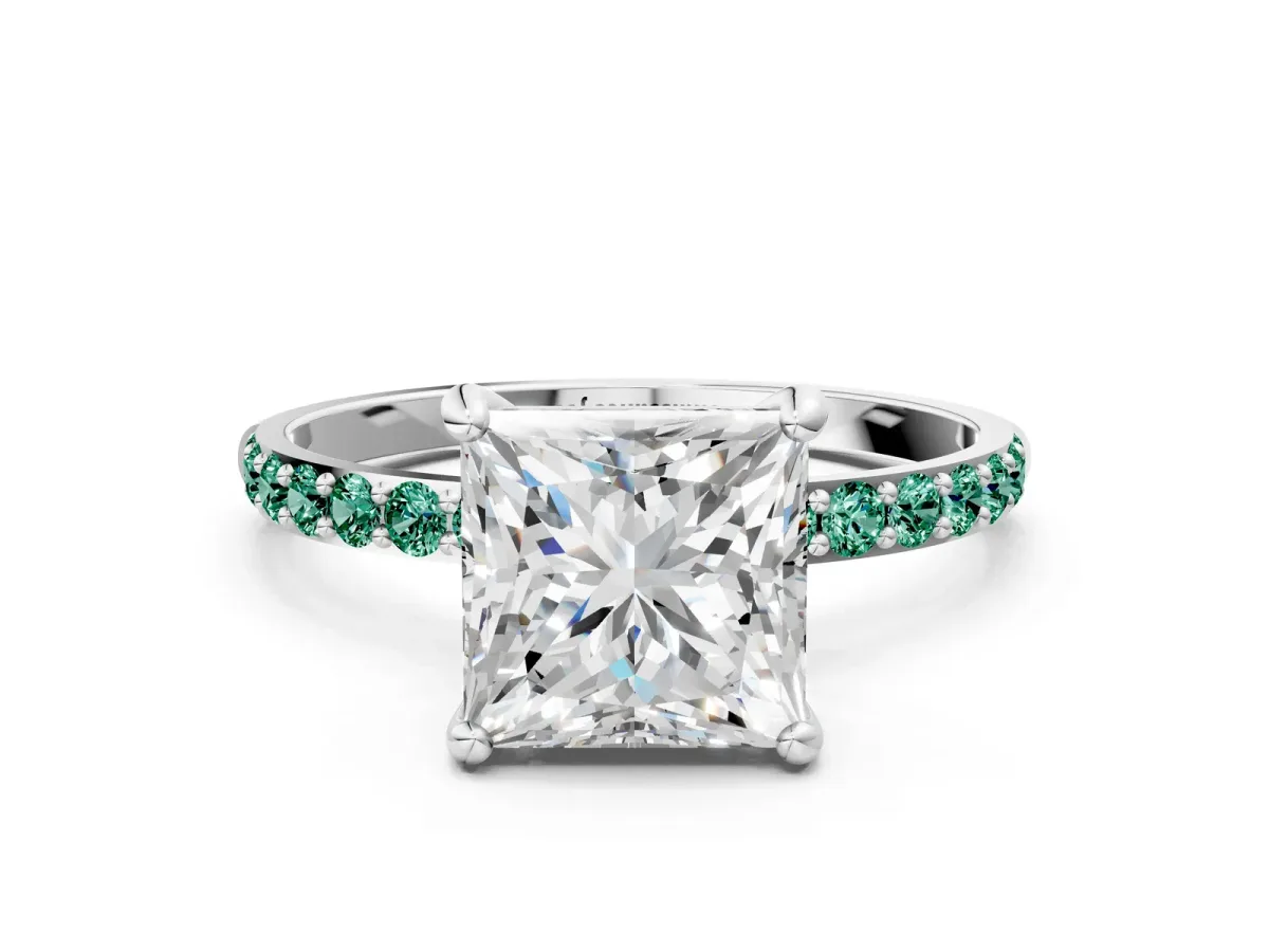 Princess Cut Diamond Solitaire Ring with Round Green Sapphire Pavé Band and Prong Setting White gold