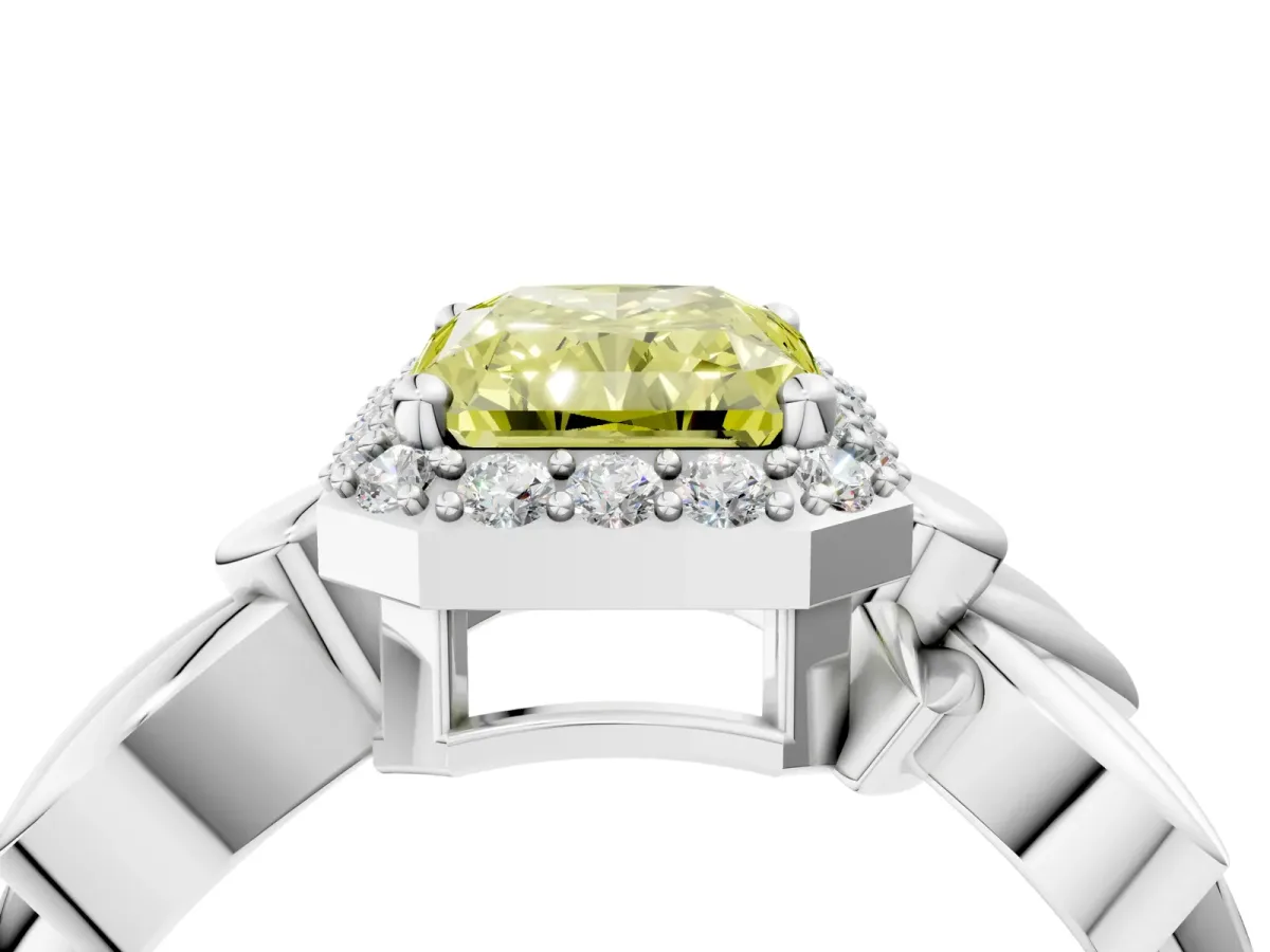 Fancy Yellow Radiant Cut Halo Diamond Floral Band with Four-Prong Setting Platinum