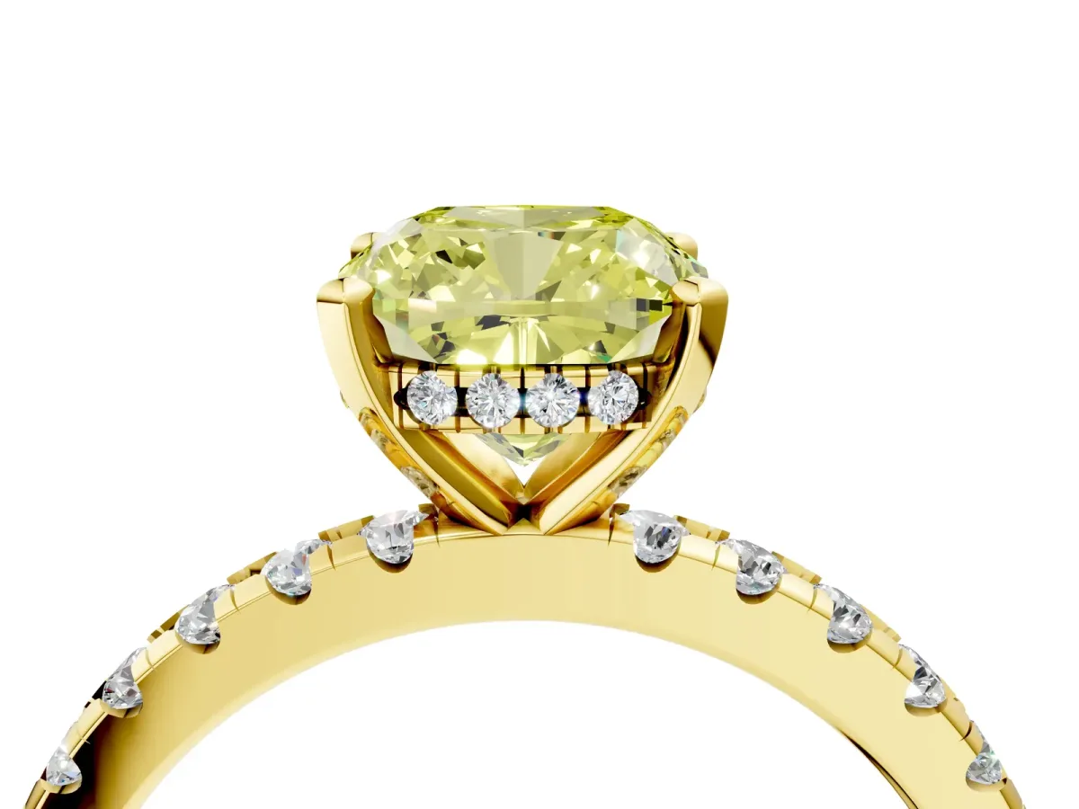 Fancy Yellow Cushion Cut Diamond Solitaire Ring with Round Pavé Band and Four-Prong Setting Yellow gold