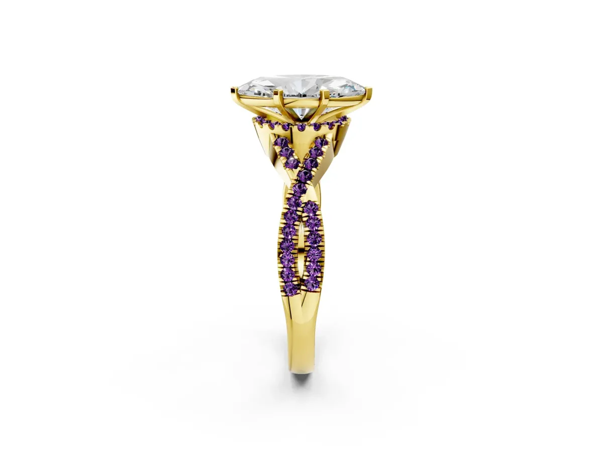 Marquise Cut Diamond Amethyst Halo Twist Band Solitaire Prong Setting Ring Yellow gold