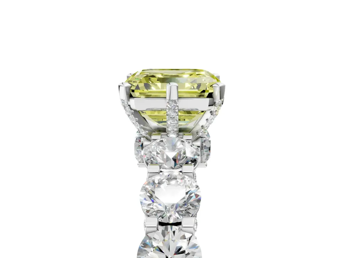 Fancy Yellow Asscher Cut Diamond Side Stone Engagement Ring with Four-Prong Setting Silver