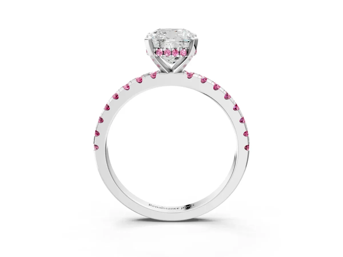Cushion Cut Diamond Solitaire Ring with Round Pink Sapphire Pavé Band and Four-Prong Setting White gold