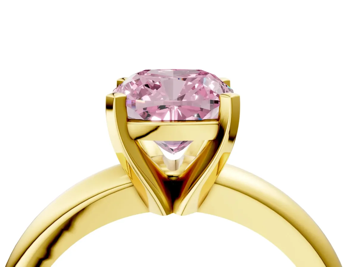 Fancy Pink Cushion Cut Diamond Solitaire Engagement Ring with Round Band and Four-Prong Setting Yellow gold