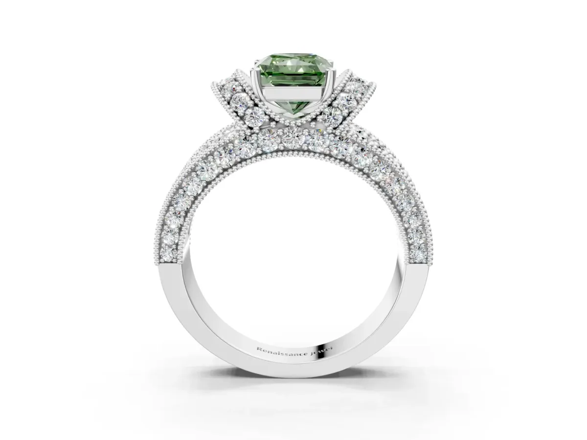 Fancy Green Radiant Cut Halo Pave Diamond Engagement Ring with Milgrain Detailing Platinum