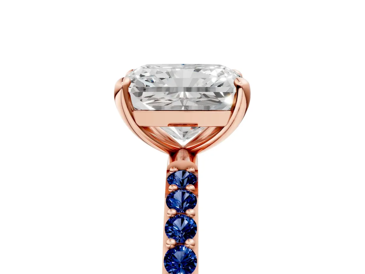 Radiant Cut Diamond Solitaire Ring with Round Blue Sapphire Pavé Band and Prong Setting Rose gold