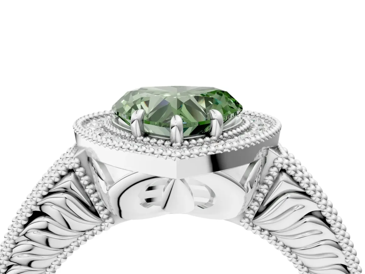 Fancy Green Heart Cut Cut Halo Diamond Ring with Pavé Band and Four-Prong Setting Platinum