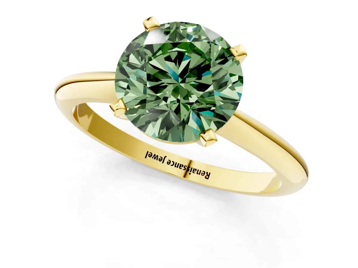 Fancy Green Round Cut Diamond Solitaire Engagement Ring with Classic Band and Four-Prong Setting Yellow gold