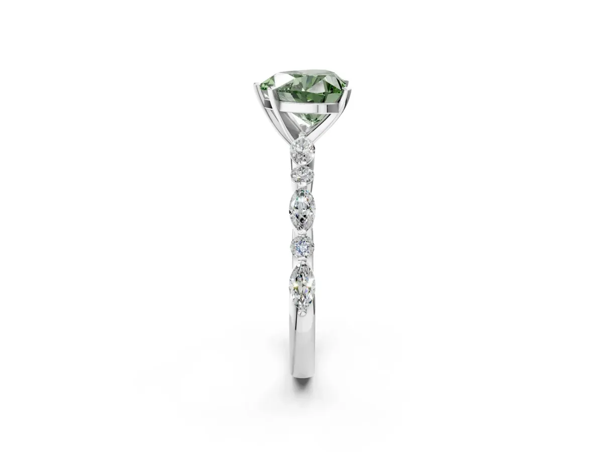 Fancy Green Heart Cut Diamond Ring with Marquise and Round Side Stones and Four-Prong Setting White gold