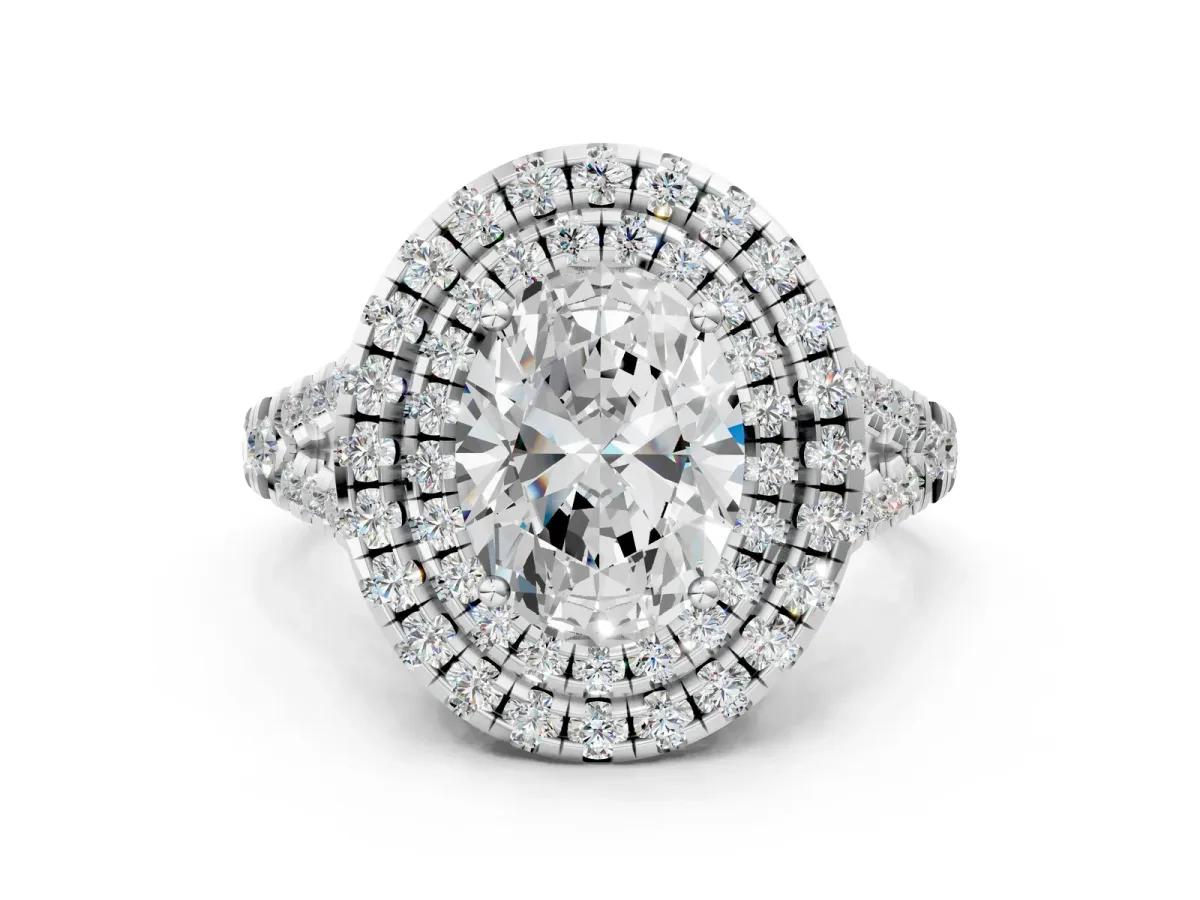 Double Halo Oval Cut Diamond Pavé Split Shank Ring with Prong Setting Silver