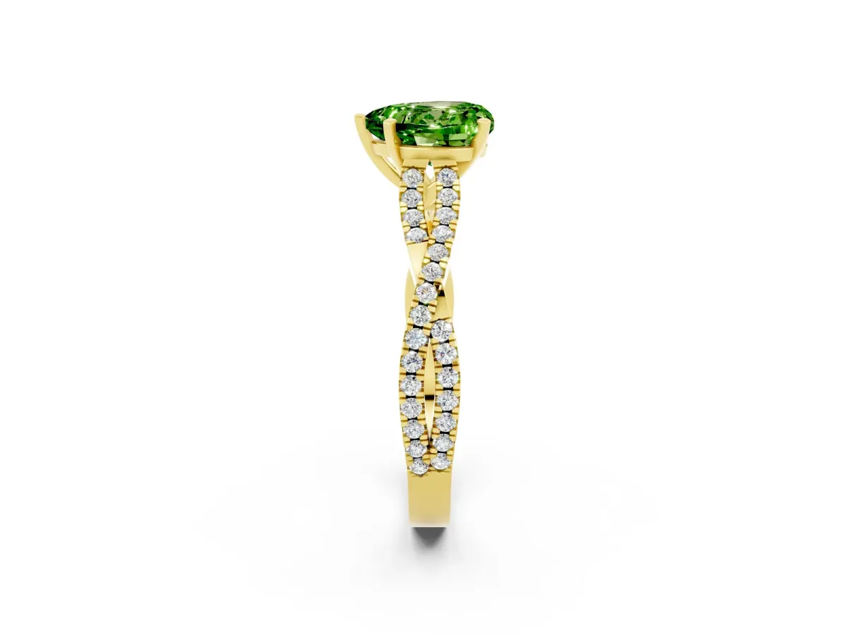 Heart Cut Peridot Solitaire Engagement Ring with Twisted Pavé Band and Four-Prong Setting Yellow gold