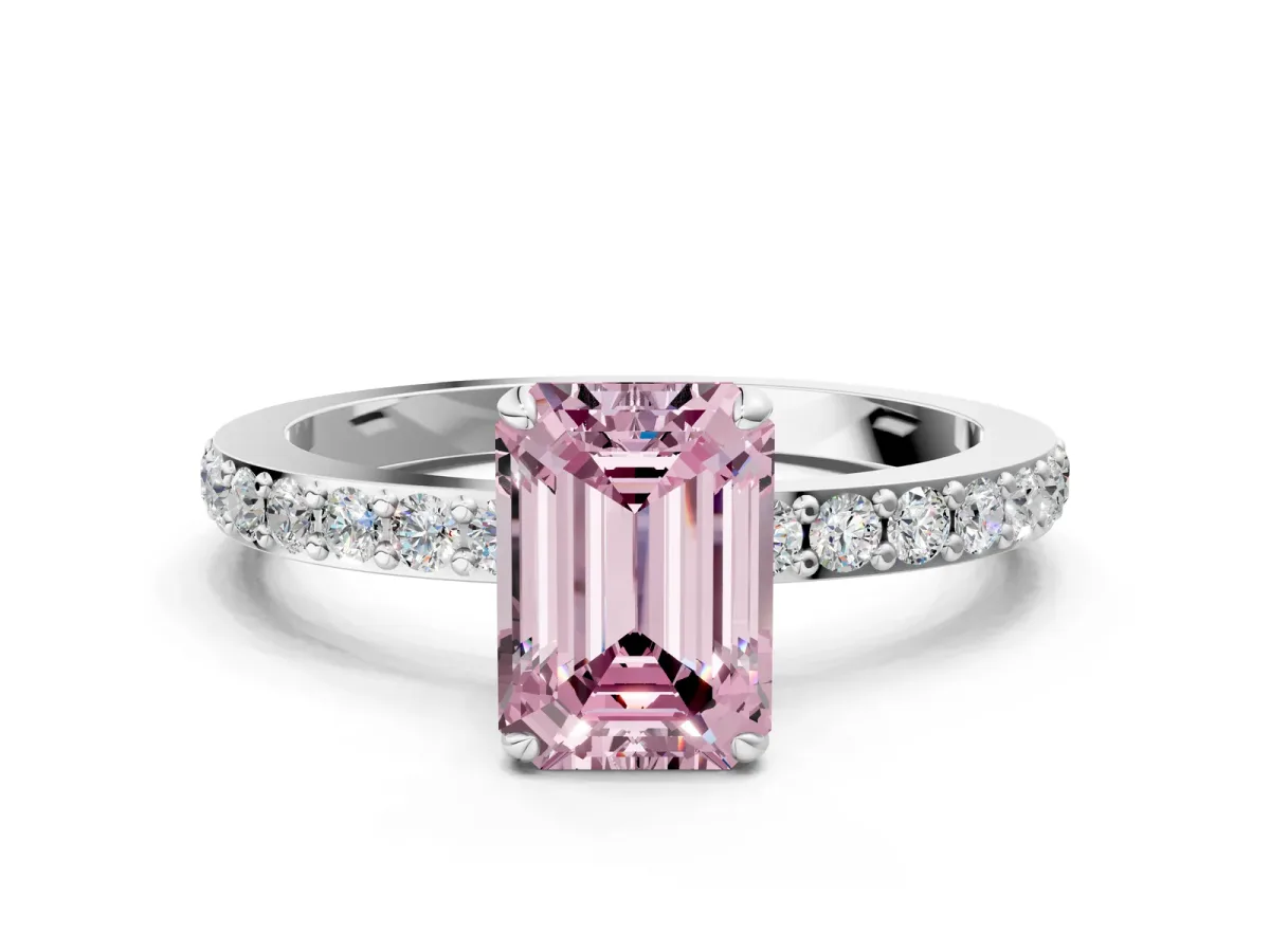 Fancy Pink Emerald Cut Diamond Solitaire Engagement Ring with Pavé Band and Four-Prong Setting Silver