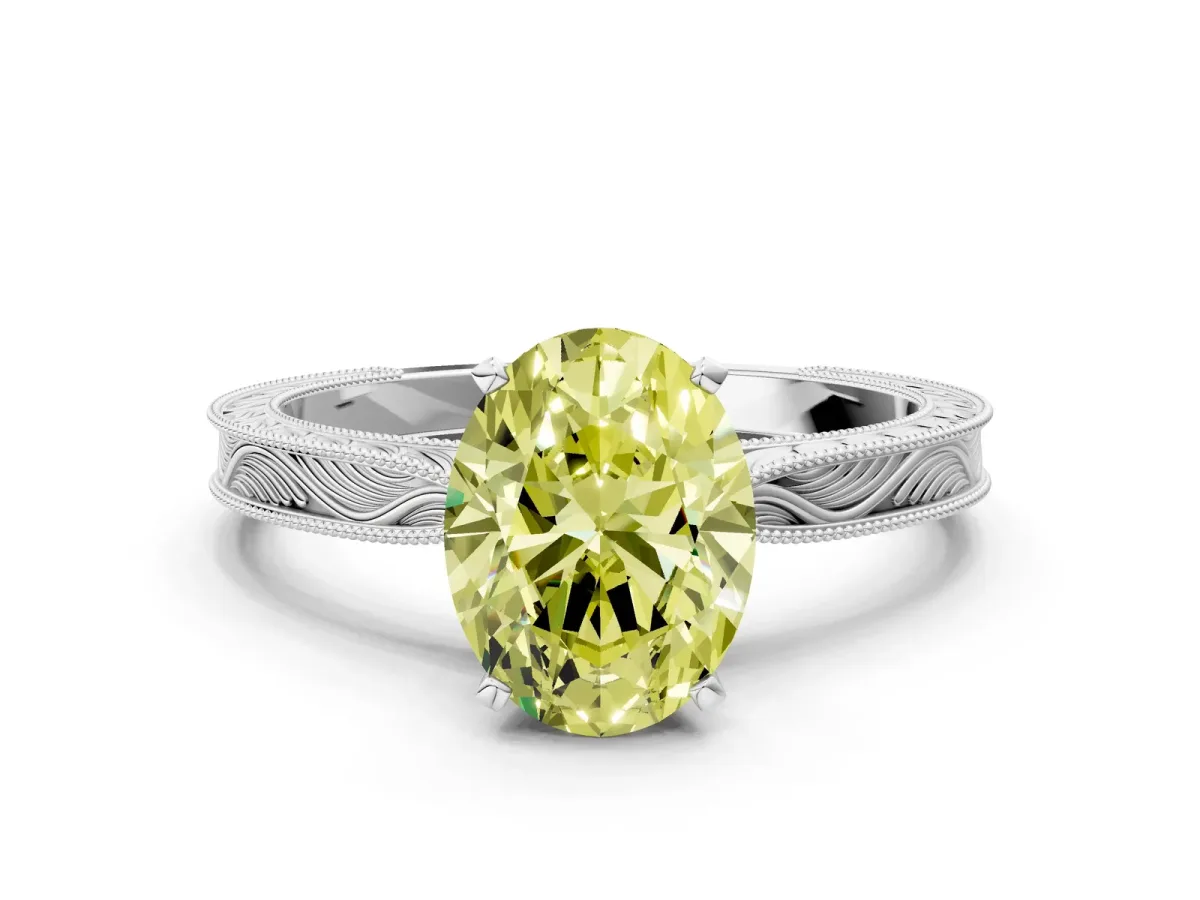 Fancy Yellow Oval Cut Solitaire Milgrain Engraved Band with Four-Prong Setting White gold