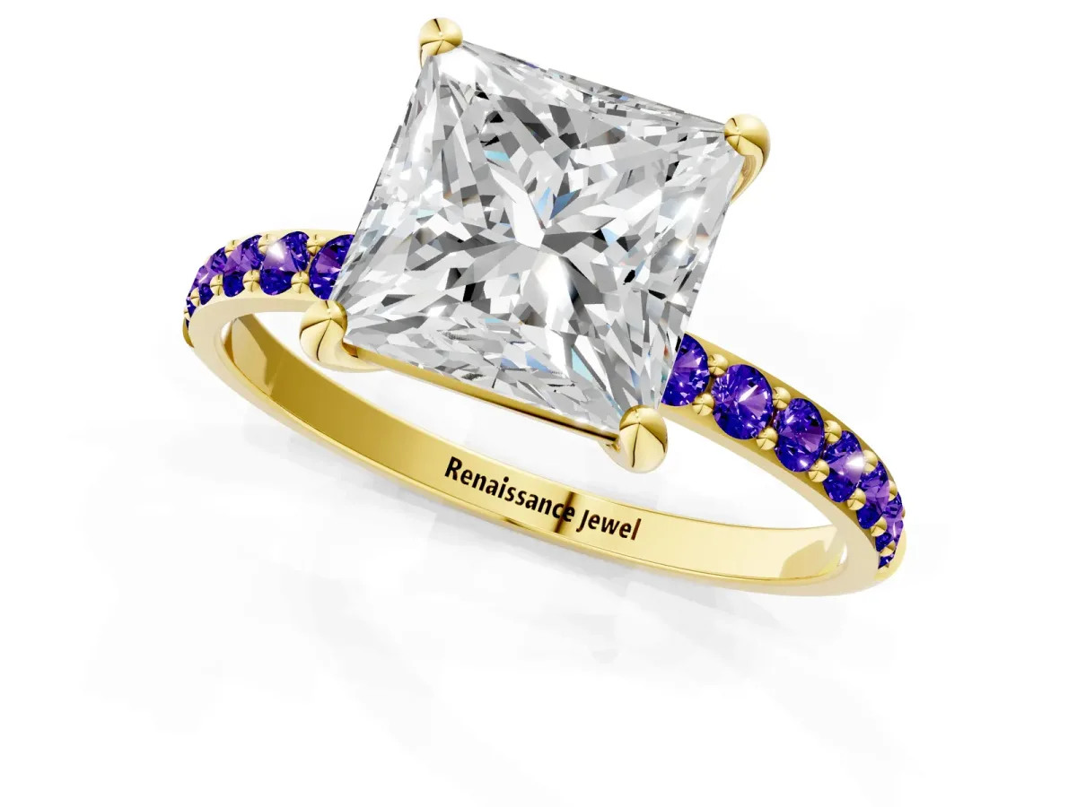 Princess Cut Diamond Solitaire Ring with Round Tanzanite Pavé Band and Prong Setting Yellow gold