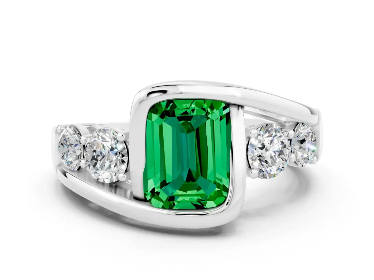 Bezel Set Emerald Cut Emerald Bypass Ring with Round Accents Silver