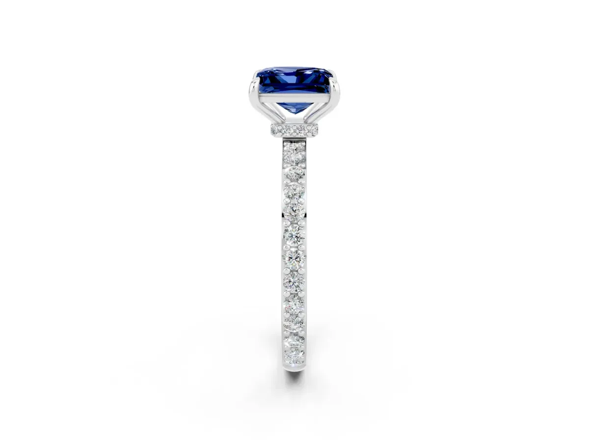 Princess Cut Blue Sapphire Solitaire Engagement Ring with Pavé Band and Four-Prong Setting White gold