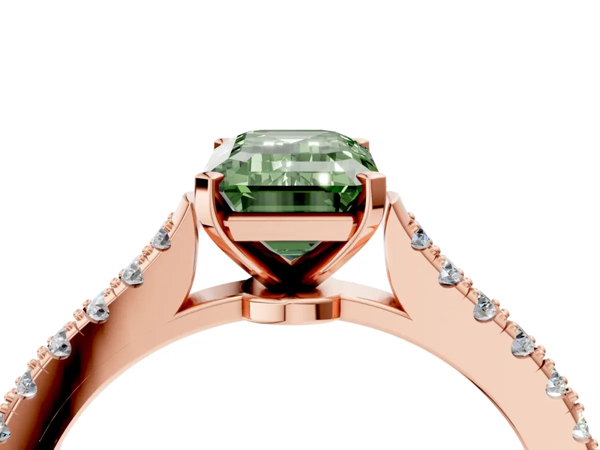 Fancy Green Emerald Cut Cut Solitaire Diamond Engagement Ring with Pave Band and Four-Prong Setting Rose gold