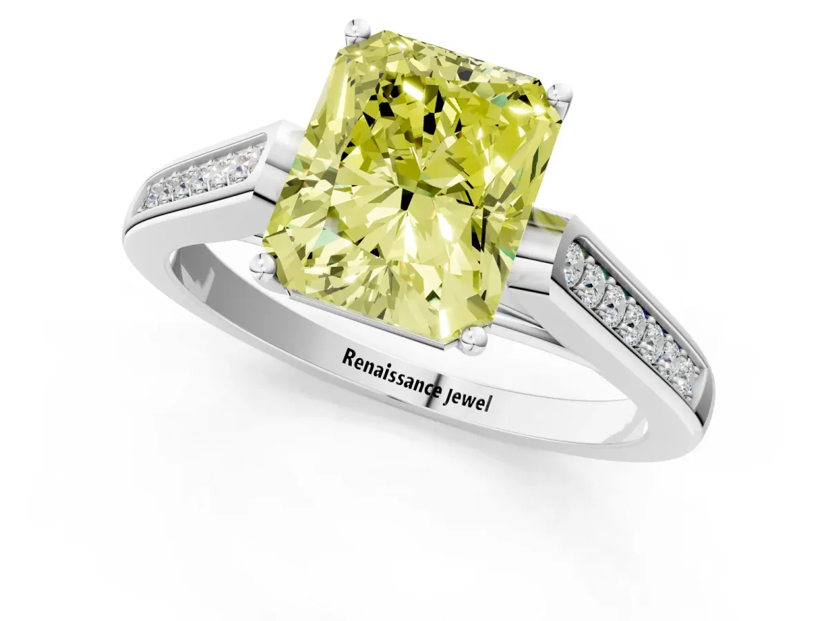 Fancy Yellow Radiant Cut Solitaire Cathedral Diamond Engagement Ring with Channel-Set Band and Four-Prong Setting Platinum