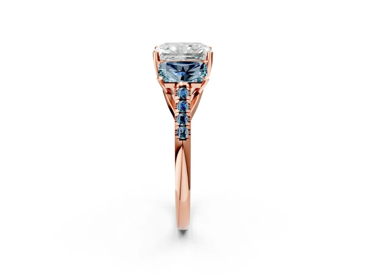 Three-Stone Radiant Cut Diamond Ring with Round Aquamarine Pavé Band and Prong Setting Rose gold