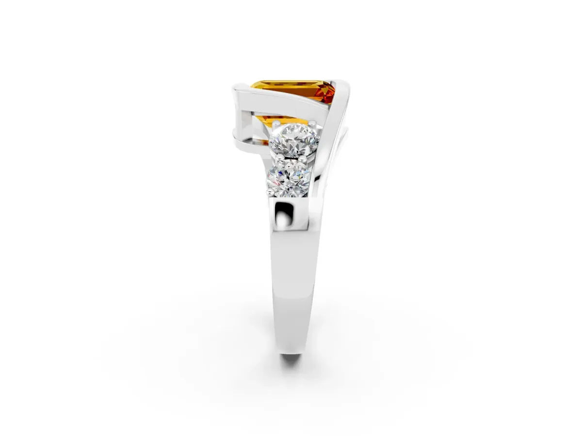Bezel Set Emerald Cut Citrine Bypass Ring with Round Accents Silver